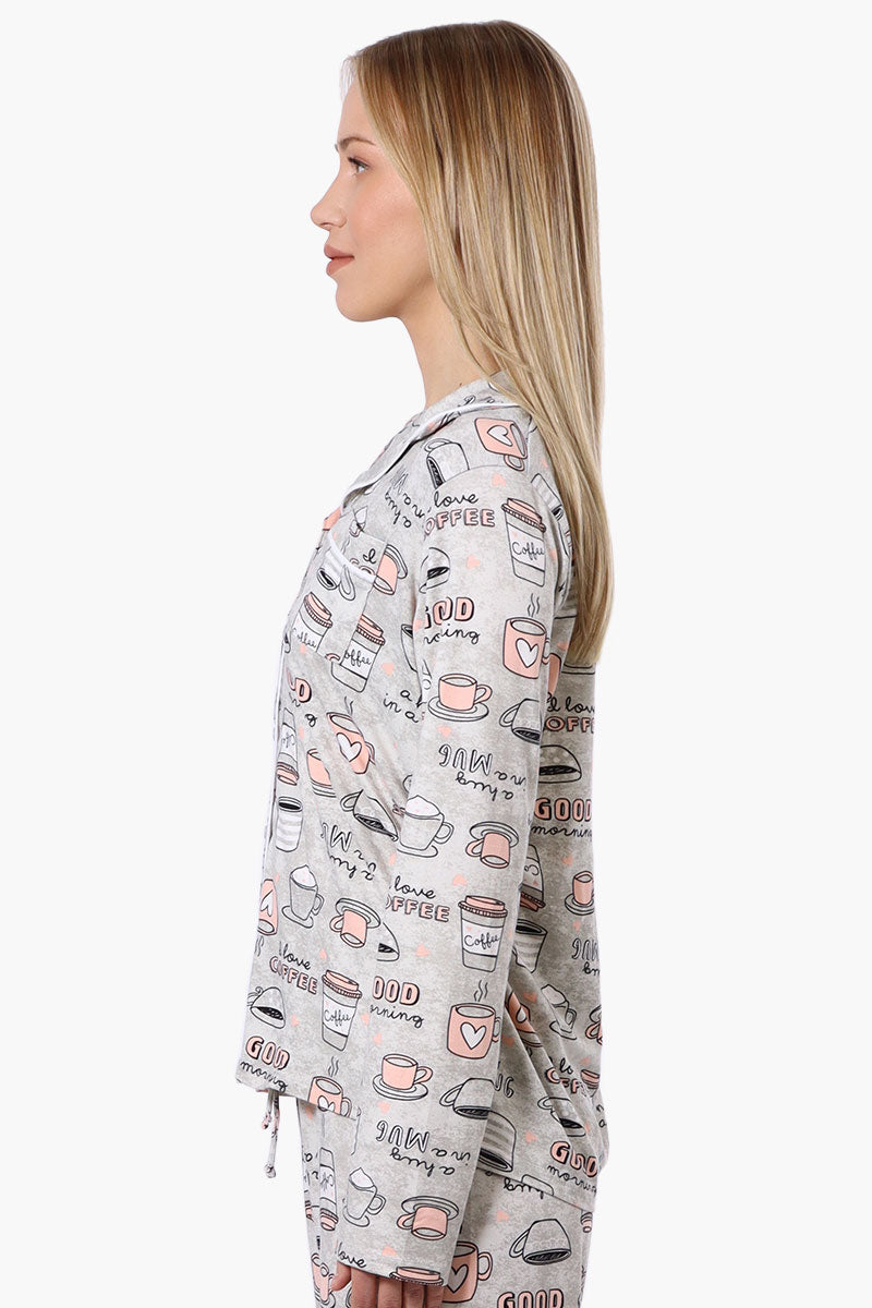 Canada Weather Gear Coffee Pattern Button Down Pajama Top - Grey - Womens Pajamas - Fairweather