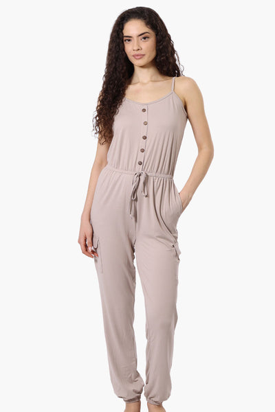 Urbanology Tie Waist Sleeveless Cargo Jumpsuit - Beige - Womens Jumpsuits & Rompers - Fairweather