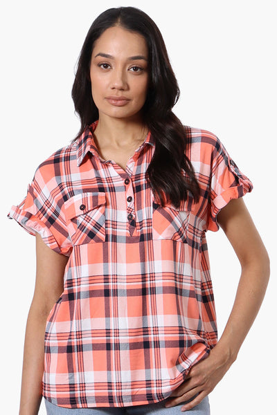 Urbanology Plaid Button Down Short Sleeve Shirt - Pink