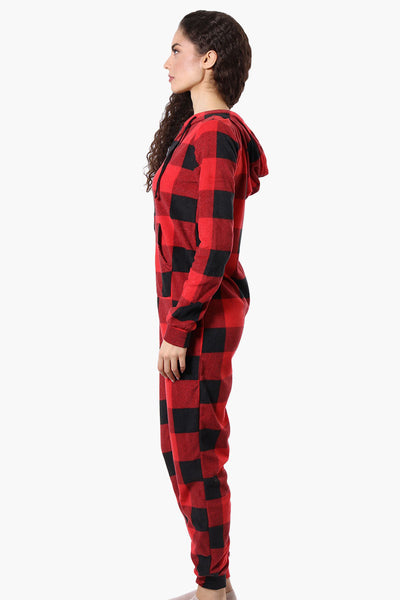 Canada Weather Gear Hooded Plaid Fleece Onesie - Red - Womens Onesies - Fairweather