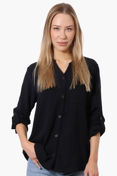 Urbanology Button Down Roll Up Sleeve Shirt - Black - Womens Shirts & Blouses - Fairweather