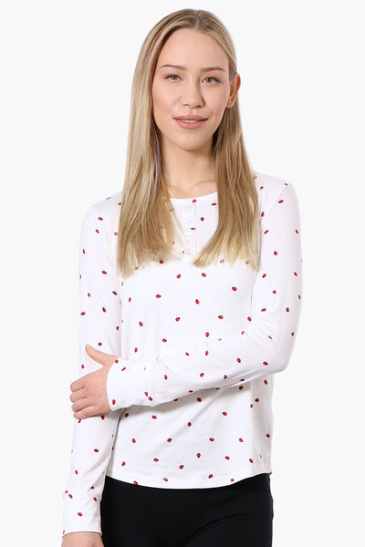 Canada Weather Gear Ladybug Pattern Henley Pajama Top - White - Womens Pajamas - Fairweather