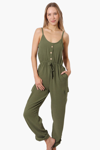 Urbanology Tie Waist Sleeveless Cargo Jumpsuit - Olive - Womens Jumpsuits & Rompers - Fairweather