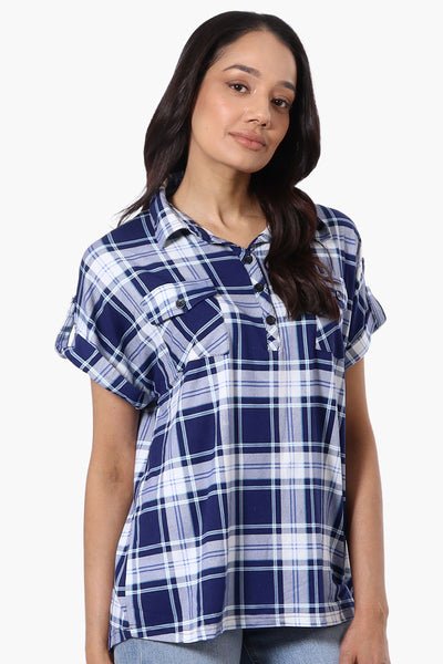 Urbanology Plaid Button Down Short Sleeve Shirt - Navy - Womens Shirts & Blouses - Fairweather