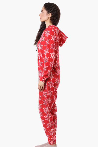 Canada Weather Gear Hooded Snowflake Pattern Fleece Onesie - Red - Womens Onesies - Fairweather