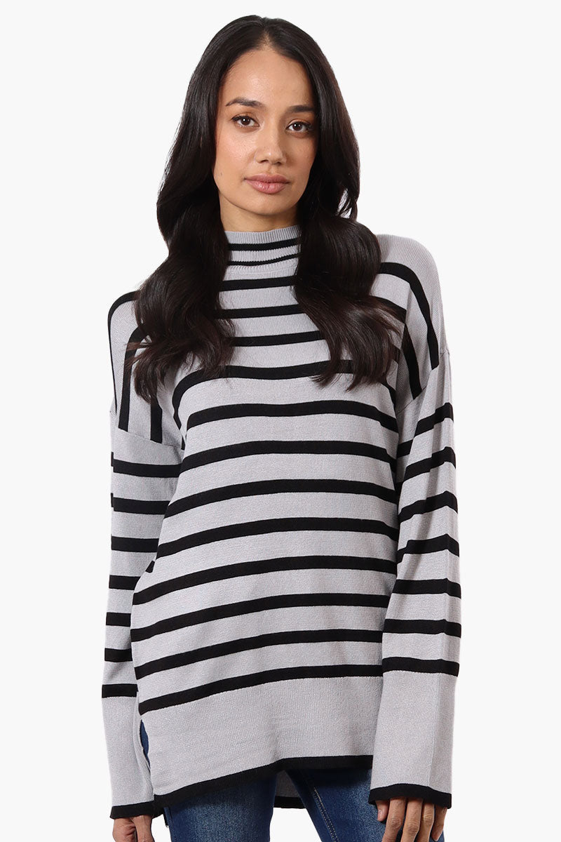 Beechers Brook Striped Mock Neck Pullover Sweater - Grey - Womens Pullover Sweaters - Fairweather