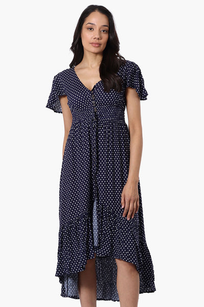 Limite Square Pattern Cinched Waist High Low Midi Dress - Navy - Womens Midi Dresses - Fairweather