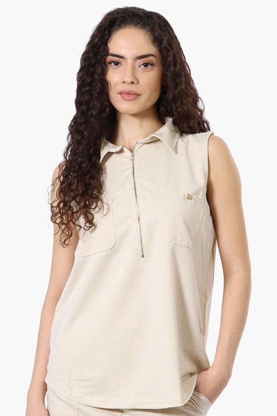 Costa Blanca Half Zip Sleeveless Blouse - Cream - Womens Shirts & Blouses - Fairweather