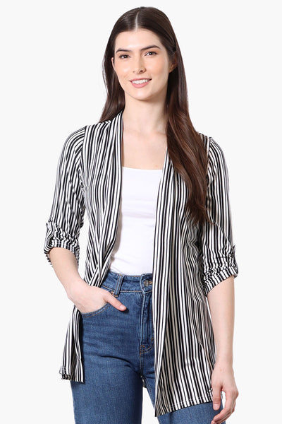 Majora Striped Roll Up Sleeve Wrap Cardigan - White - Womens Blazers - Fairweather