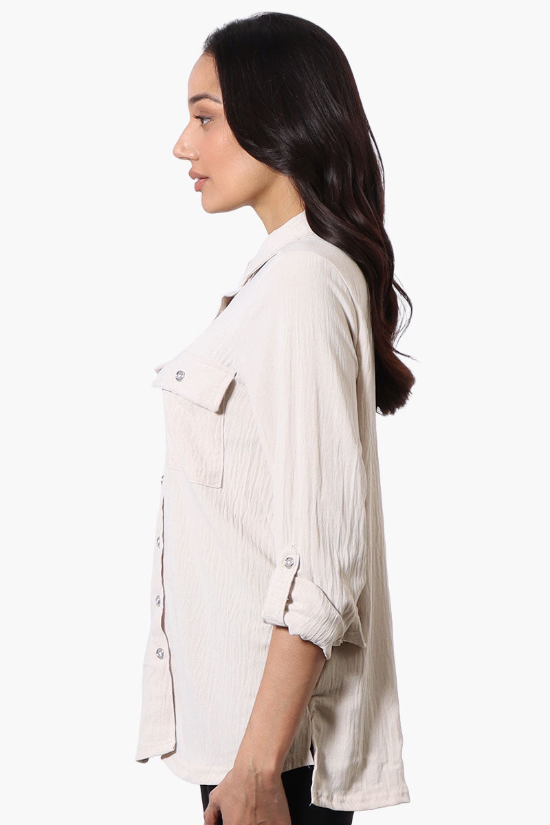 International INC Company Button Down Roll Up Sleeve Shirt - Beige - Womens Shirts & Blouses - Fairweather