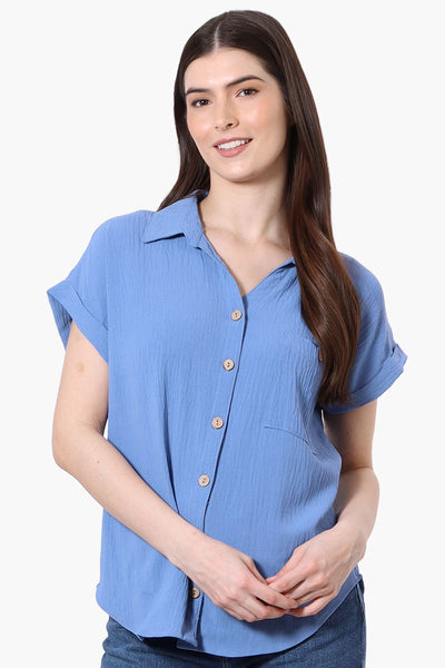 Urbanology Short Sleeve Button Down Shirt - Blue - Womens Shirts & Blouses - Fairweather