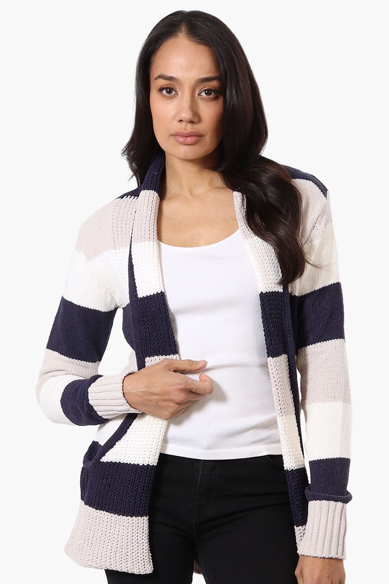 Beechers Brook Striped Fold Over Wrap Cardigan - Navy - Womens Cardigans - Fairweather