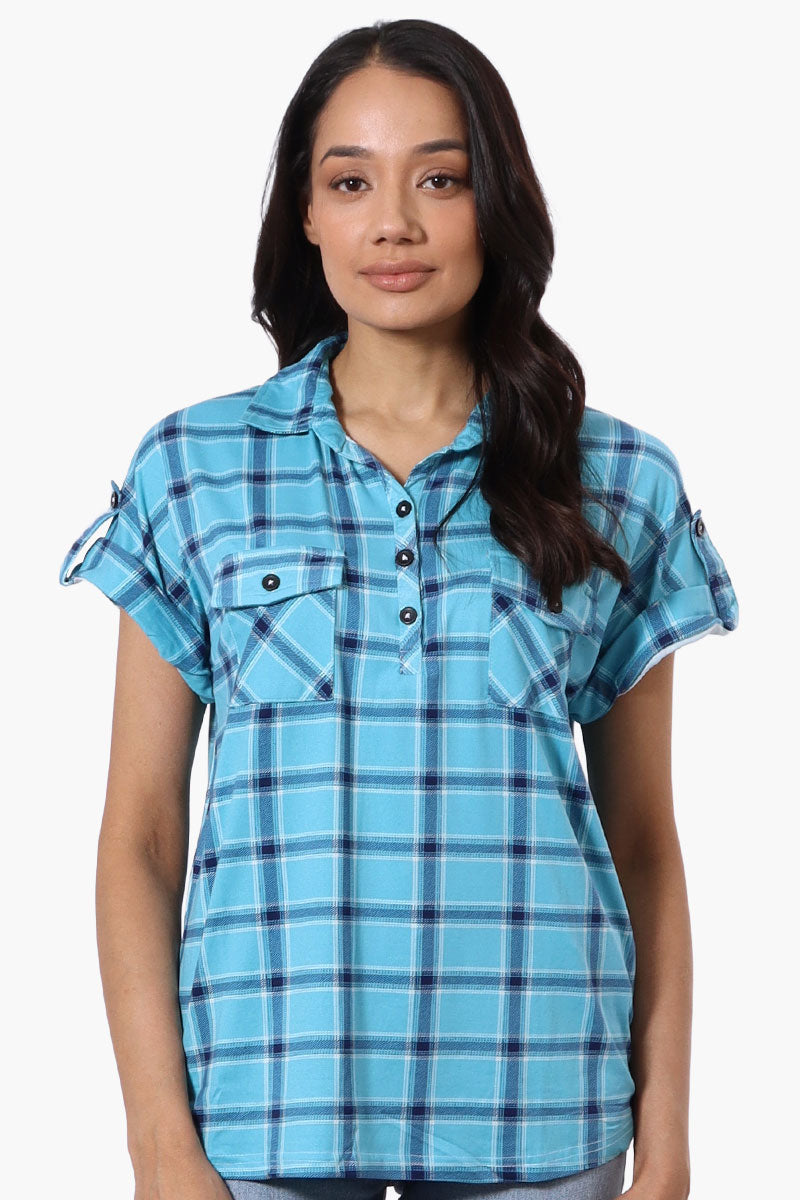 Urbanology Plaid Button Down Short Sleeve Shirt - Blue