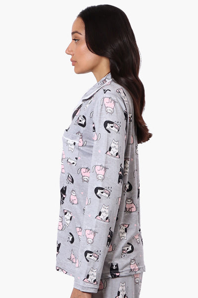 Canada Weather Gear Cat Pattern Button Down Pajama Top - Grey - Womens Pajamas - Fairweather