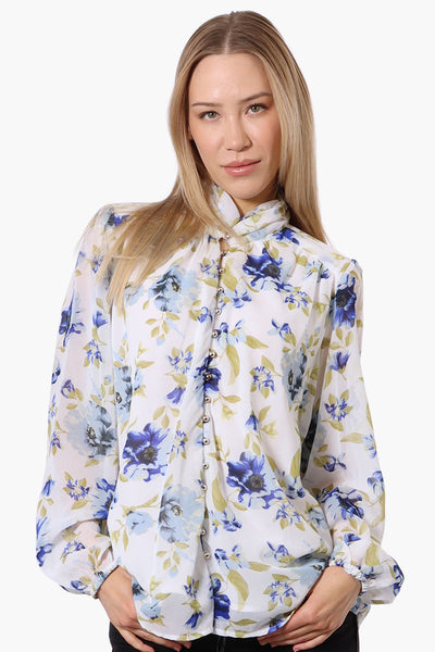 Limite Floral Mock Neck Sheer Blouse - White - Womens Shirts & Blouses - Fairweather