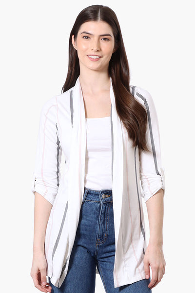 International INC Company Striped Roll Up Sleeve Wrap Cardigan - White - Womens Cardigans - Fairweather