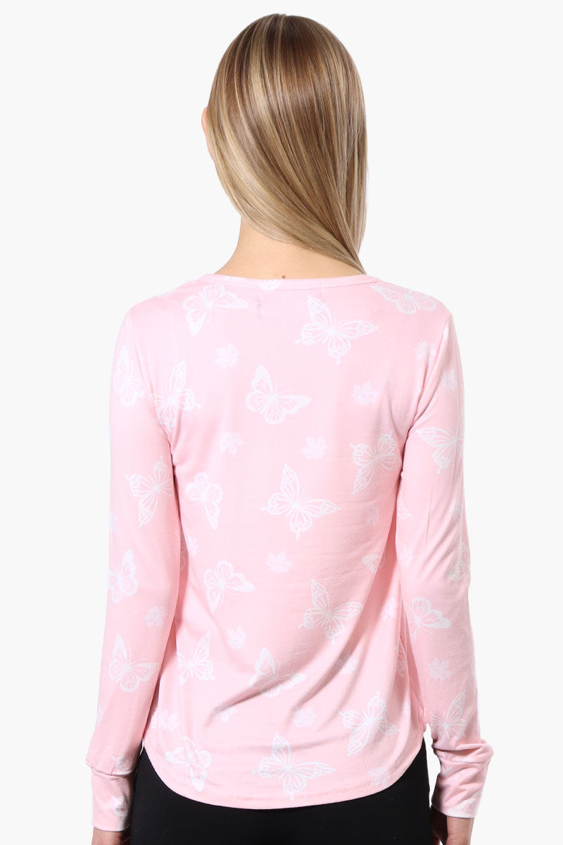 Canada Weather Gear Butterfly Pattern Henley Pajama Top - Pink - Womens Pajamas - Fairweather