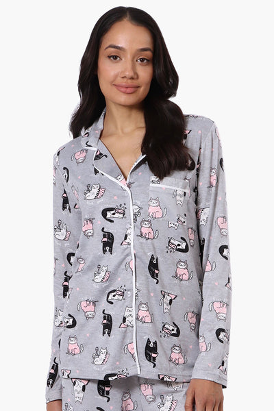 Canada Weather Gear Cat Pattern Button Down Pajama Top - Grey - Womens Pajamas - Fairweather