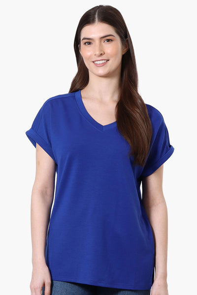 Runaway Bay Sport Cuffed Sleeve V-Neck Tee - Blue - Womens Tees & Tank Tops - Fairweather