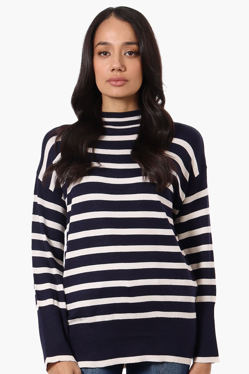 Beechers Brook Striped Mock Neck Pullover Sweater - Navy - Womens Pullover Sweaters - Fairweather