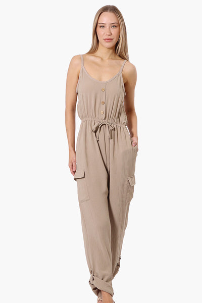 Urbanology Tie Waist Sleeveless Cargo Jumpsuit - Beige - Womens Jumpsuits & Rompers - Fairweather