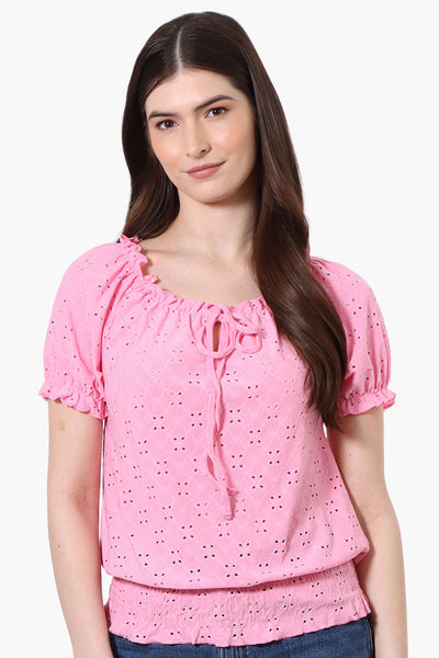 Urbanology Eyelet Drawstring Neck Blouse - Pink - Womens Shirts & Blouses - Fairweather