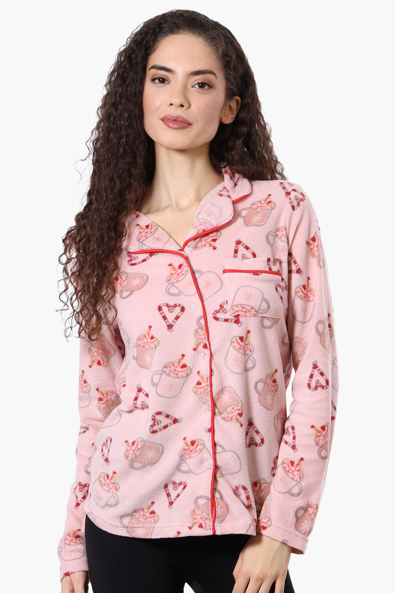 Canada Weather Gear Button Down Festive Pattern Pajama Top - Pink - Womens Pajamas - Fairweather