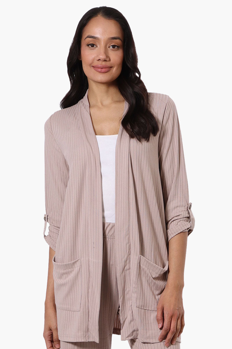 Majora Ribbed Roll Up Sleeve Wrap Cardigan - Beige - Womens Cardigans - Fairweather