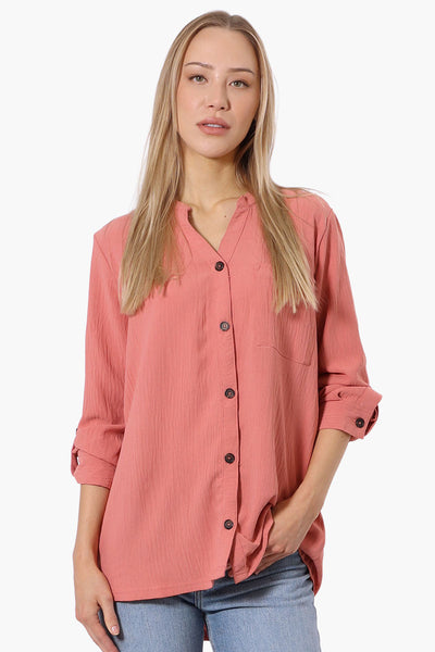 Urbanology Button Down Roll Up Sleeve Shirt - Coral - Womens Shirts & Blouses - Fairweather