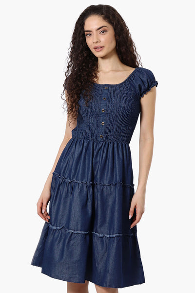 Impress Cap Sleeve Smocked Denim Day Dress - Navy - Womens Day Dresses - Fairweather