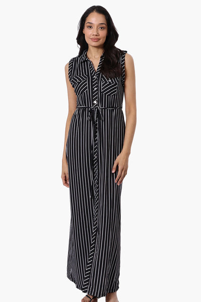 International INC Company Striped Belted Button Down Maxi Dress - Black - Womens Maxi Dresses - Fairweather