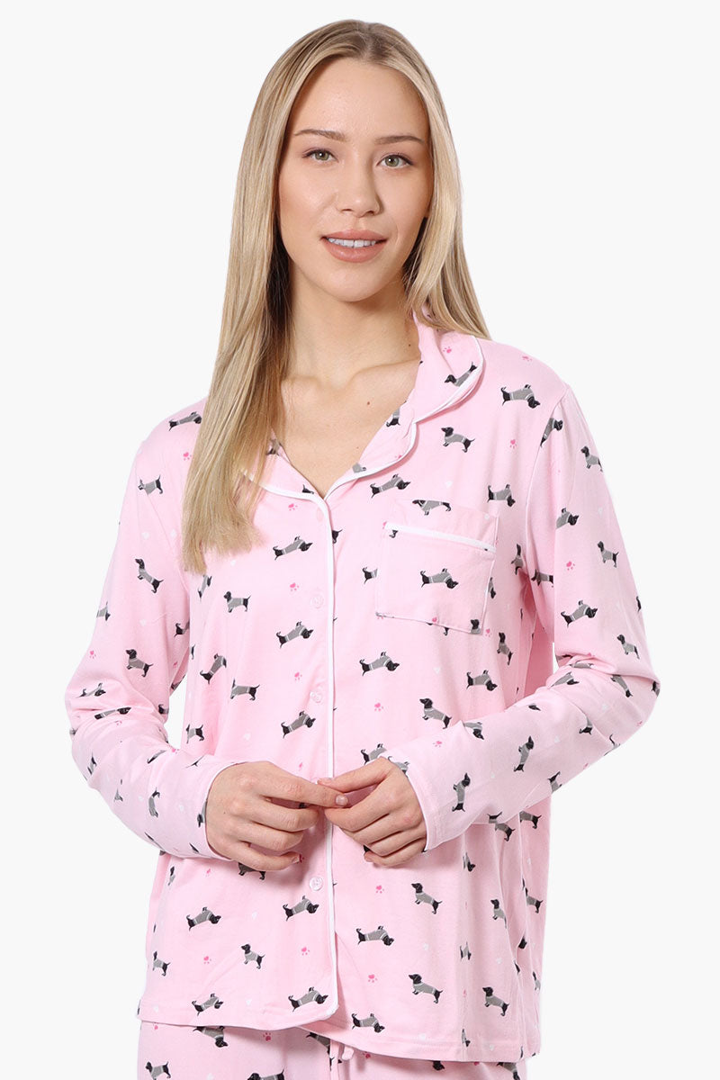 Canada Weather Gear Dachshund Pattern Button Down Pajama Top - Pink - Womens Pajamas - Fairweather