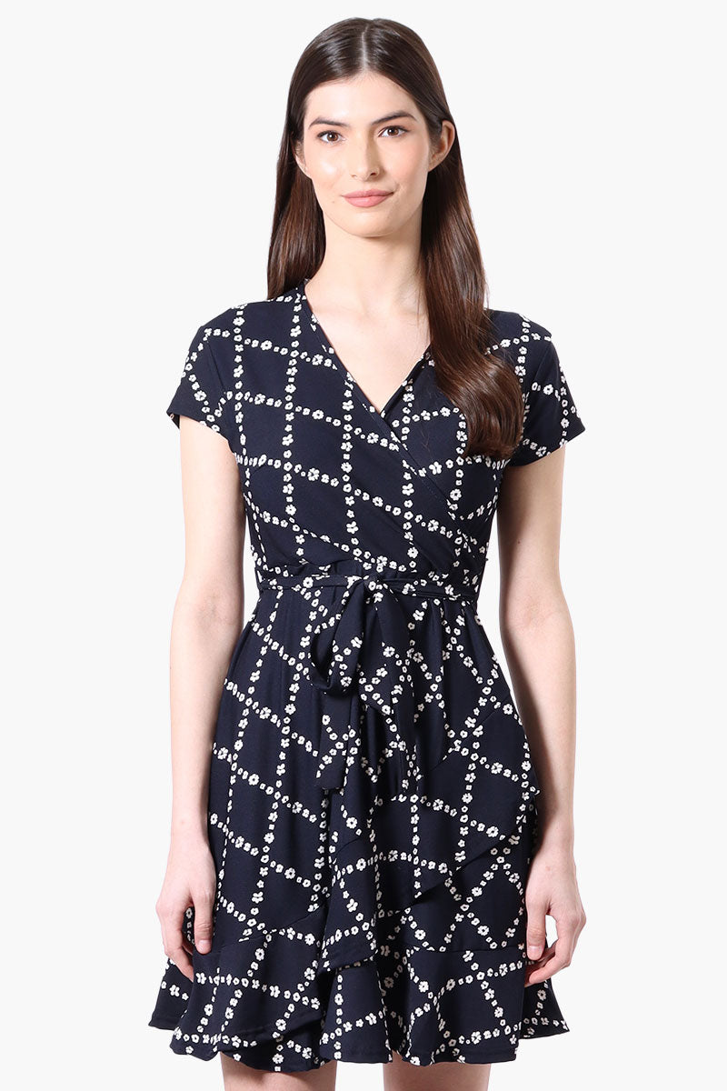 Beechers Brook Floral Belted Crossover Day Dress - Navy