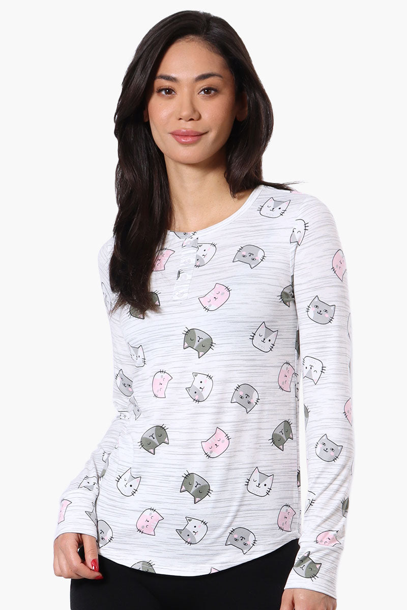 Canada Weather Gear Cat Pattern Henley Pajama Top - White - Womens Pajamas - Fairweather