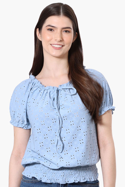 Urbanology Eyelet Drawstring Neck Blouse - Blue - Womens Shirts & Blouses - Fairweather