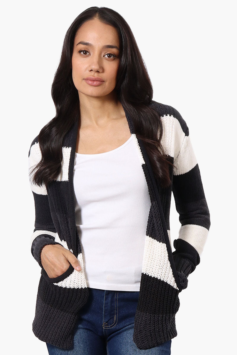 Beechers Brook Striped Fold Over Wrap Cardigan - Black - Womens Cardigans - Fairweather