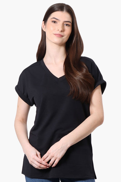 Runaway Bay Sport Cuffed Sleeve V-Neck Tee - Black - Womens Tees & Tank Tops - Fairweather