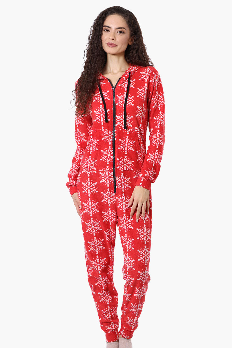 Canada Weather Gear Hooded Snowflake Pattern Fleece Onesie - Red - Womens Onesies - Fairweather