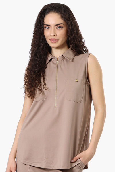 Costa Blanca Half Zip Sleeveless Blouse - Beige - Womens Shirts & Blouses - Fairweather