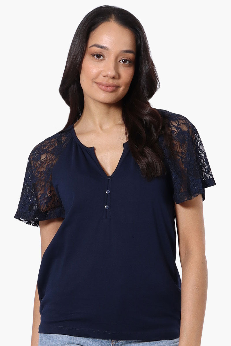 Majora Lace Cap Sleeve V-Neck Tee - Navy - Womens Tees & Tank Tops - Fairweather