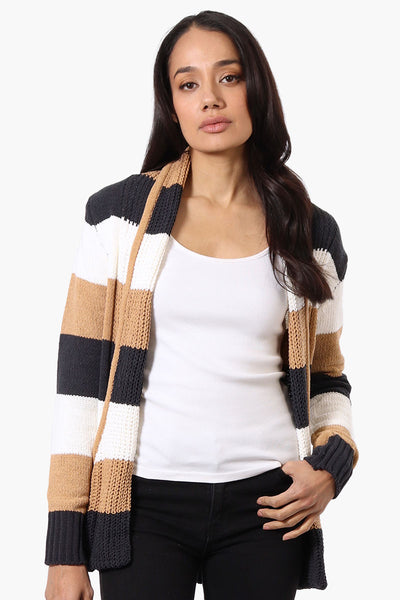 Beechers Brook Striped Fold Over Wrap Cardigan - Beige - Womens Cardigans - Fairweather