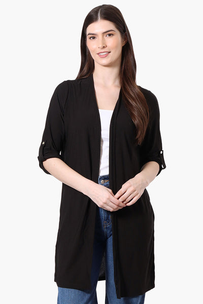 International INC Company Roll Up Sleeve Open Duster Cardigan - Black - Womens Cardigans - Fairweather