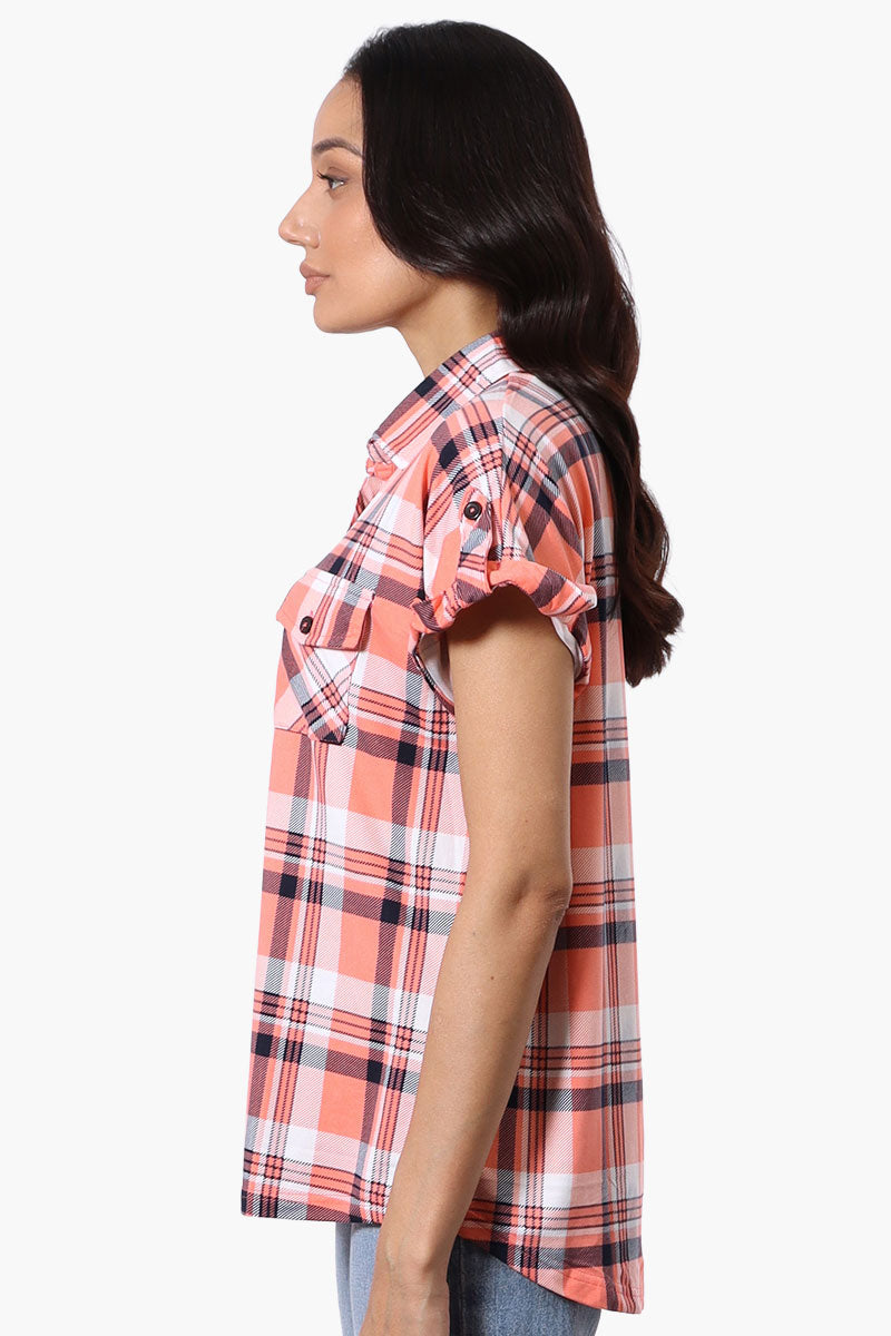 Urbanology Plaid Button Down Short Sleeve Shirt - Pink