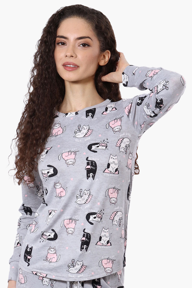 Canada Weather Gear Cat Pattern Crewneck Pajama Top - Grey - Womens Pajamas - Fairweather