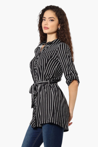 Urbanology Belted Striped Button Down Shirt - Black - Womens Shirts & Blouses - Fairweather