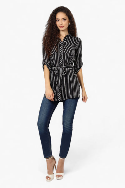 Urbanology Belted Striped Button Down Shirt - Black - Womens Shirts & Blouses - Fairweather