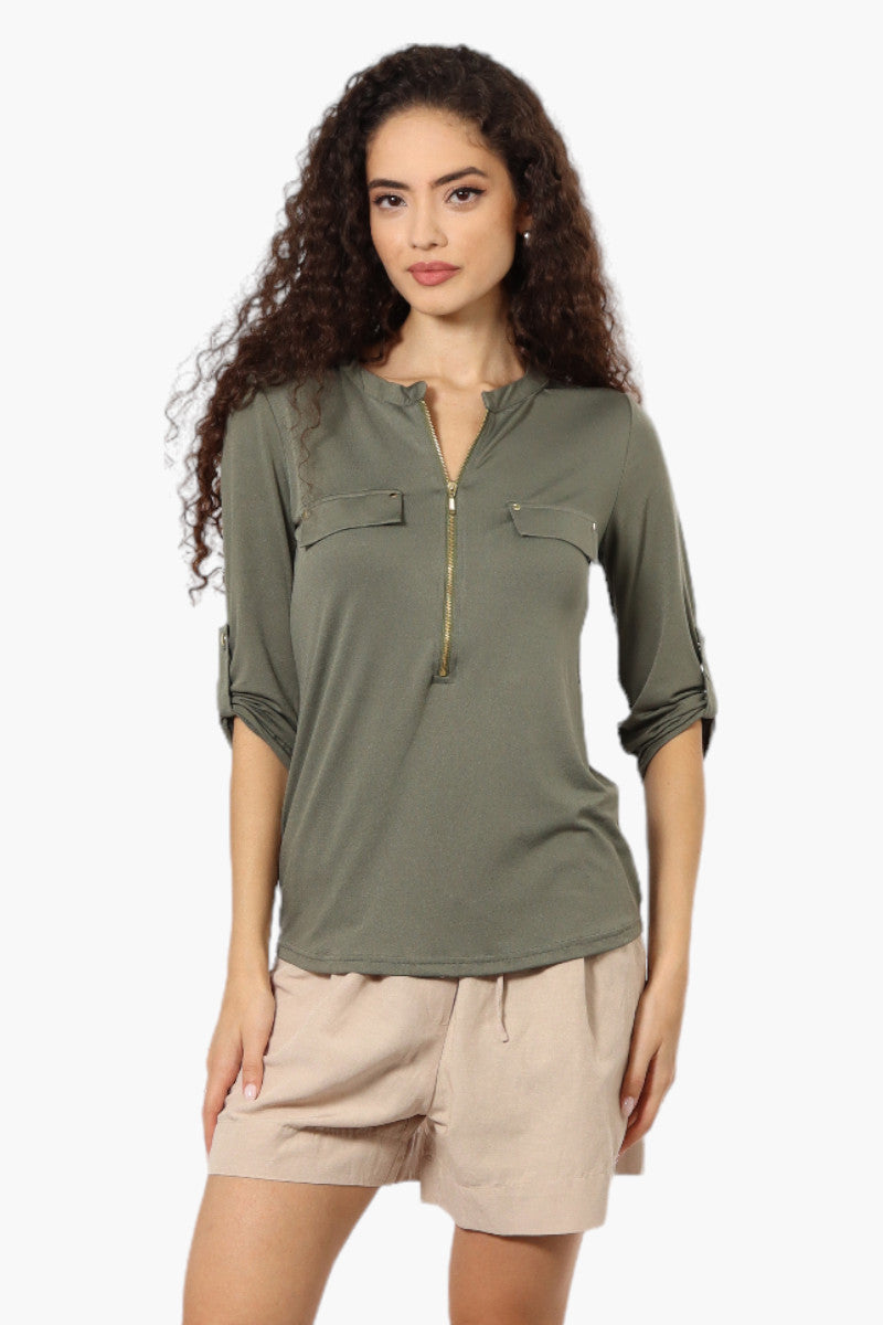 Beechers Brook Solid Half Zip Roll Up Sleeve Shirt - Olive - Womens Shirts & Blouses - Fairweather