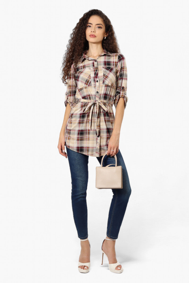 Urbanology Belted Plaid Button Down Shirt - Beige - Womens Shirts & Blouses - Fairweather