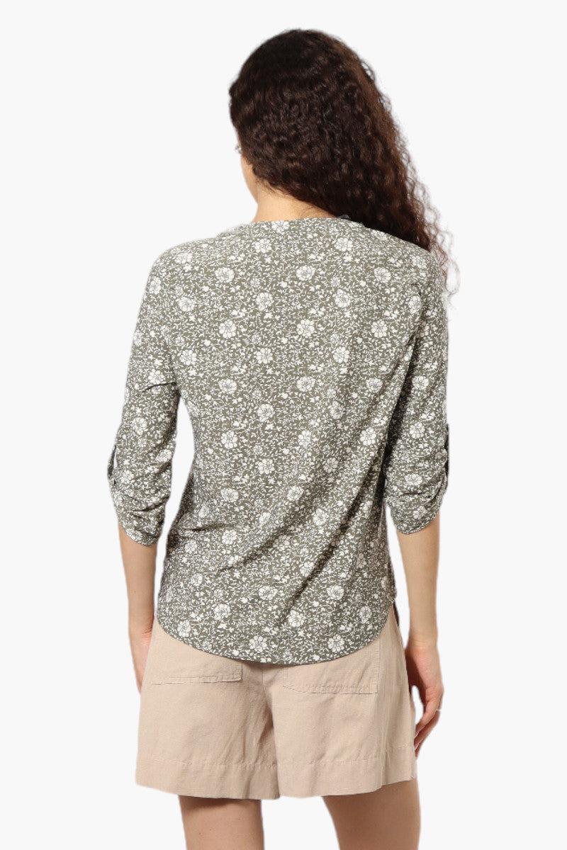 Beechers Brook Floral Half Zip Roll Up Sleeve Shirt - Olive - Womens Shirts & Blouses - Fairweather