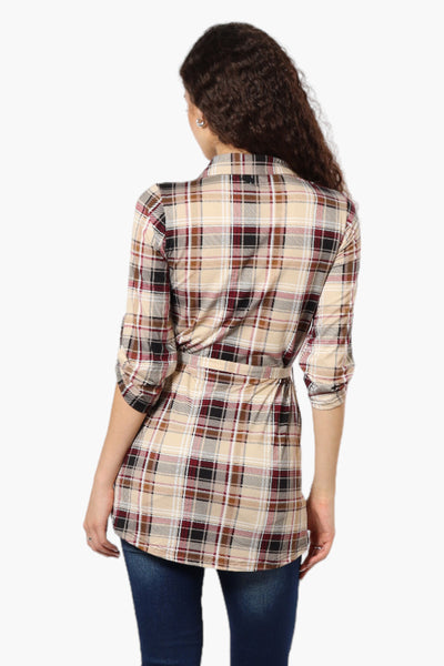 Urbanology Belted Plaid Button Down Shirt - Beige - Womens Shirts & Blouses - Fairweather